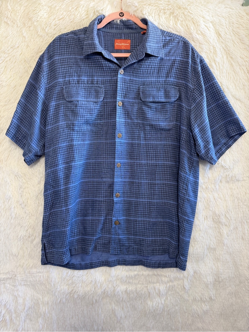 Tommy Bahama Mens 100% Silk Plaid Short Sleeve Button Up Shirt Size L Blue Beach